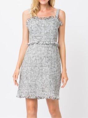 Storia Black & White Sleeveless Tweed Fringe Mini Dress - Women's size medium
